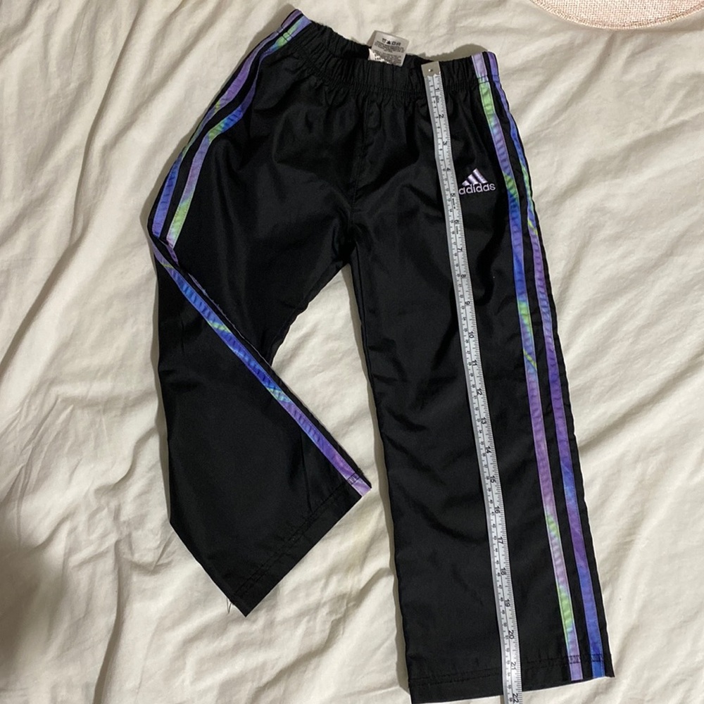 Adidas wind pants Girls 4T black with Purple and green stripes